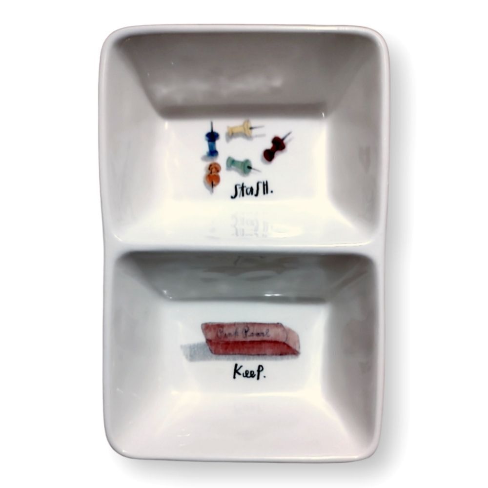 Rae Dunn 2017 OG Graphic Office Divided Two Compartment Dish Organizer White